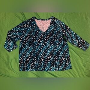 Roaman's Teal and Black Patterned 3/4 Sleeve Blouse size 2X (26/28)